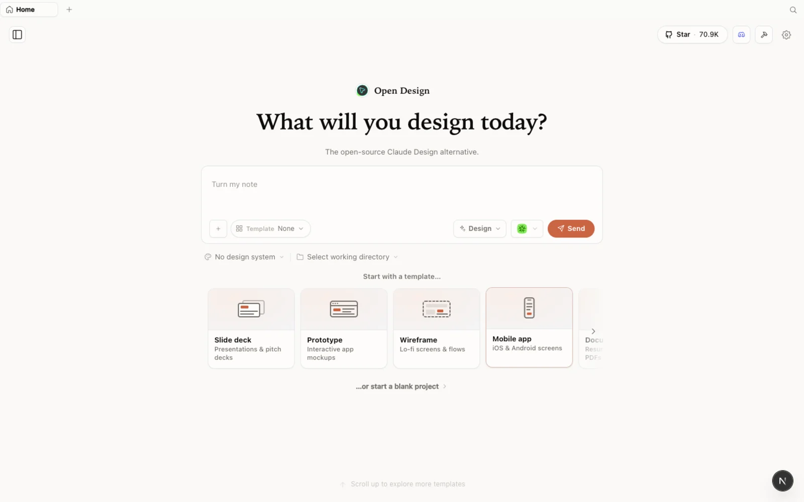 The Open Design workspace — pick what you want to design.